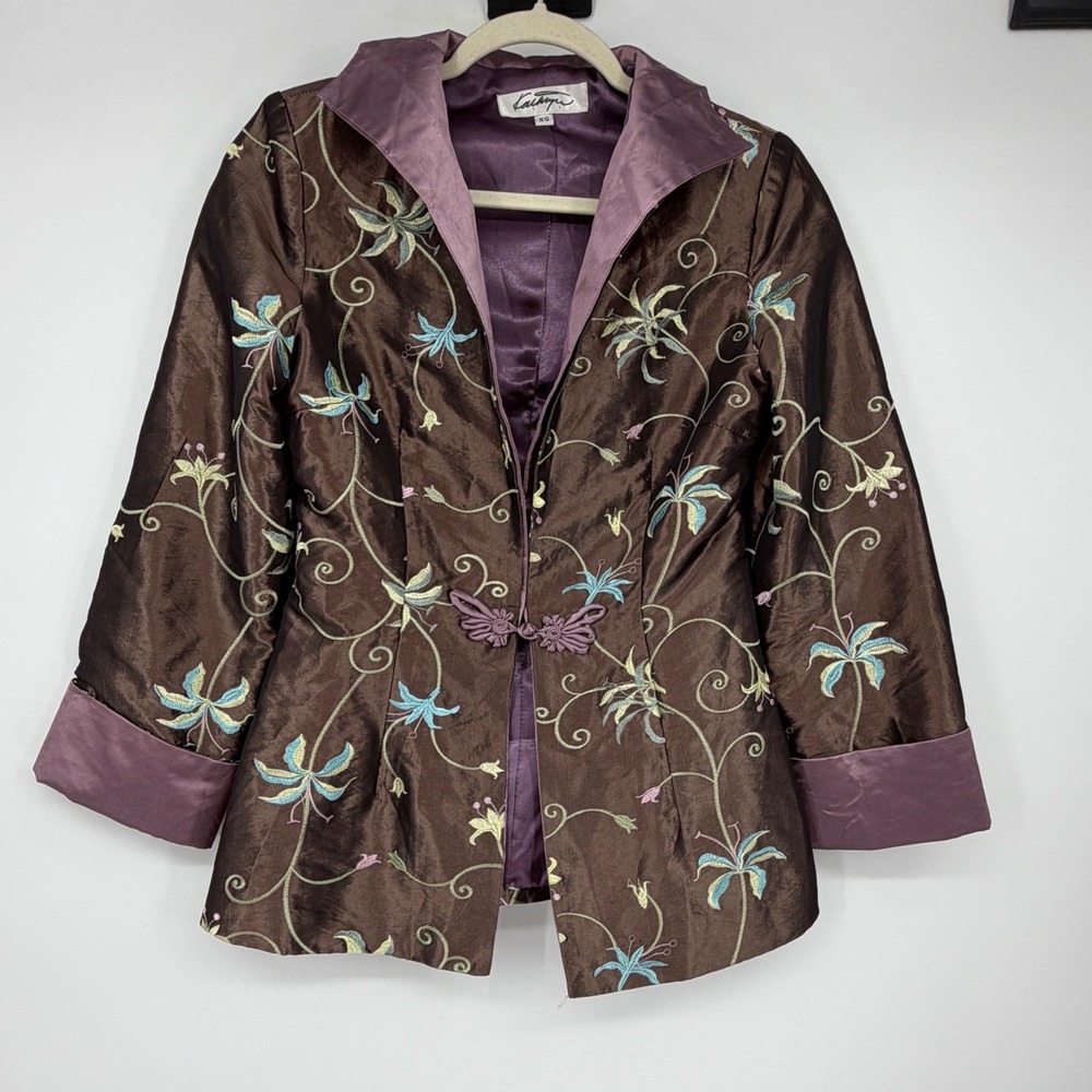 Kathryn XS Brown Silk Blend Floral Embroidered Taffeta Jacket Frog Closure